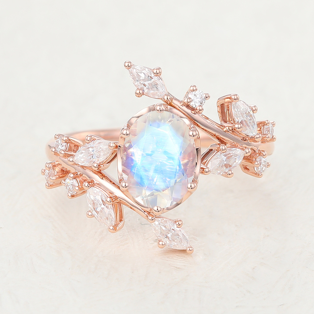 Juyoyo Oval Cut Moonstone Vintage Rose Gold Engagement Ring Set