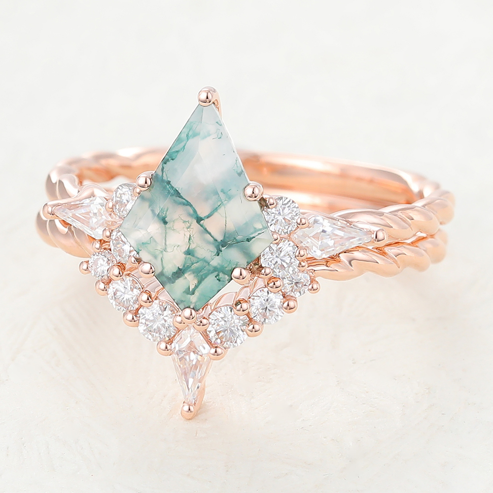 Kite Shaped Moss Agate Twisted Engagement Ring with Match Curved Wedding Band in Rose Gold
