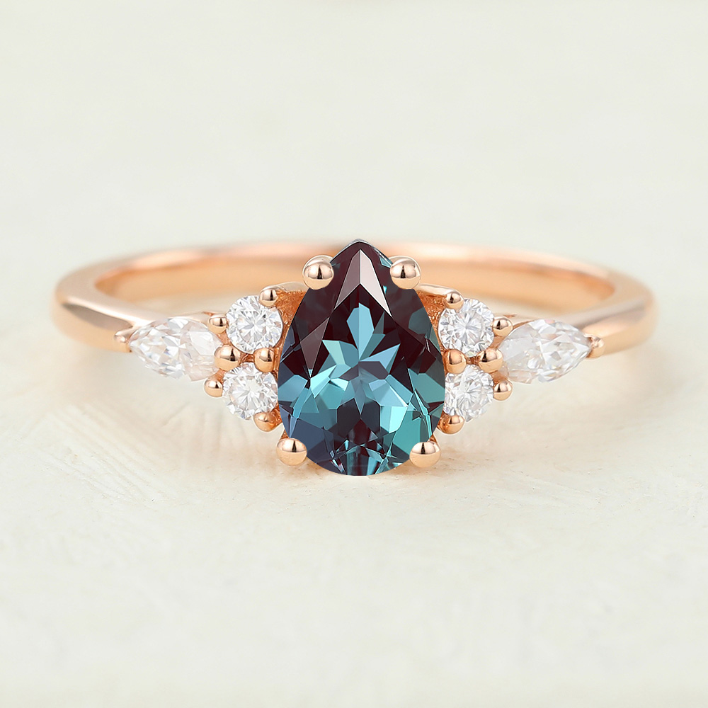 Juyoyo Pear Shaped Lab Alexandrite Rose Gold Engagement Ring