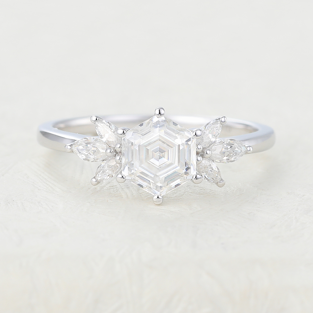 Juyoyo Hexagon cut moissanite white gold engagement ring