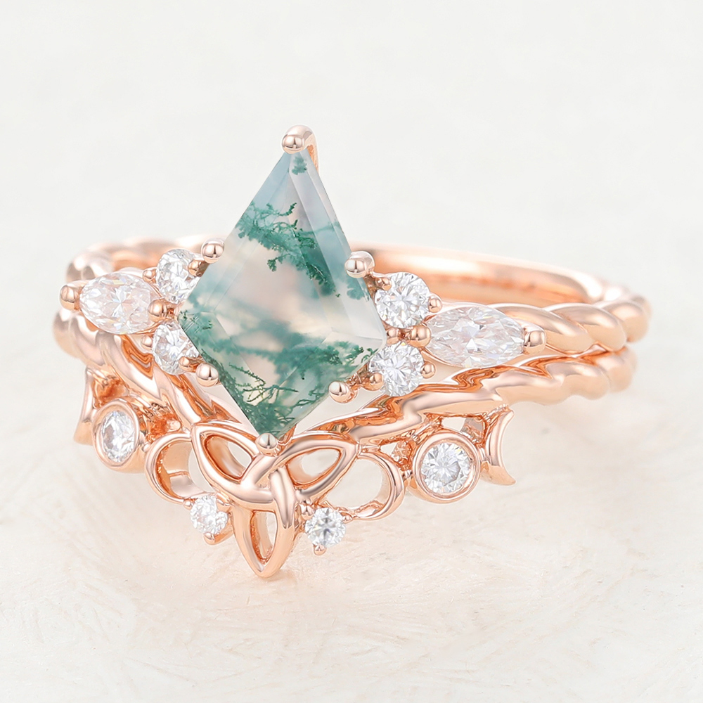 Kite Cut Moss Agate Ring Twisted Unique Engagement Ring Set in Rose Gold
