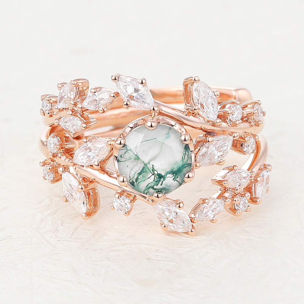 Juyoyo Unique Moss Agate Rose Gold Engagement Ring Set