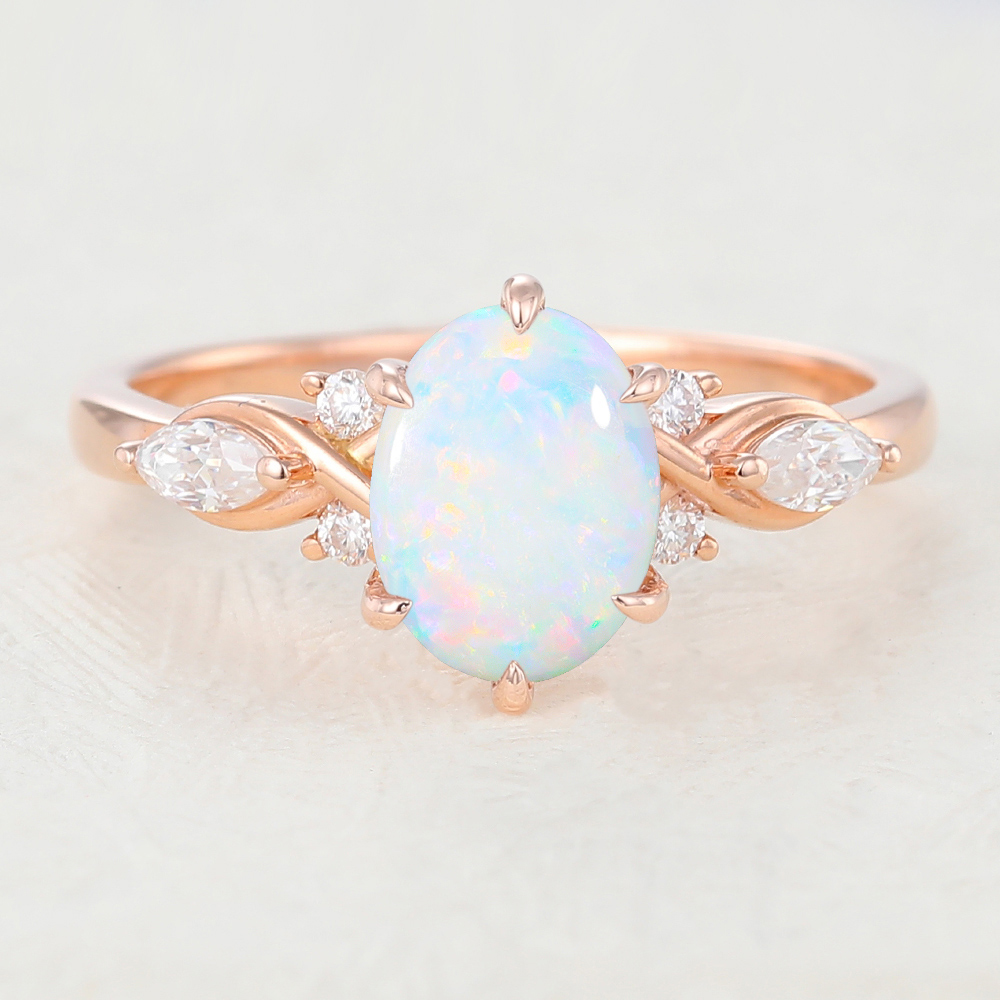 Juyoyo Smooth Oval Shape Opal Rose Gold Vintage Engagement Ring