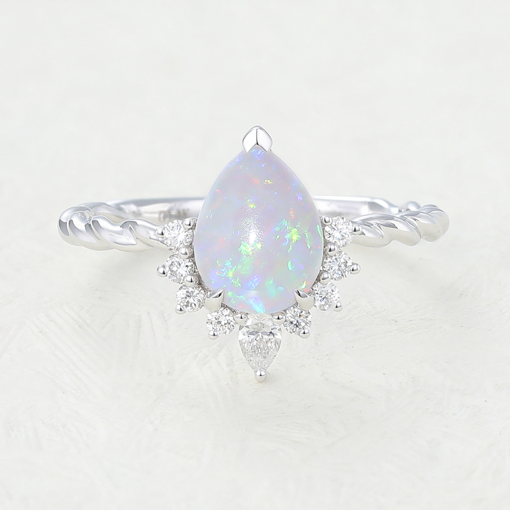 Juyoyo Pear Shaped Opal White Gold Twisted Engagement Ring