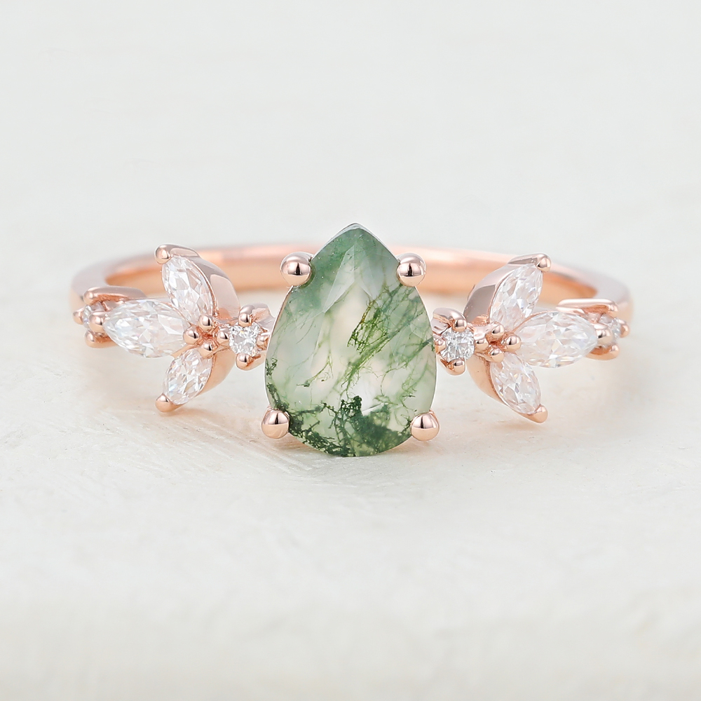 Juyoyo Pear Shaped Moss Agate Rose Gold Engagement Ring