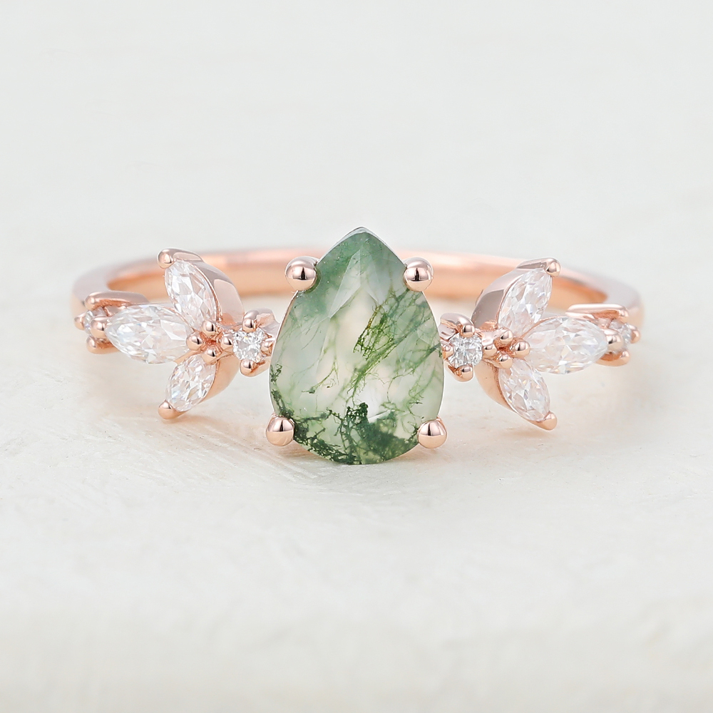 Juyoyo Pear Shaped Moss Agate Rose Gold Vintage Engagement Ring