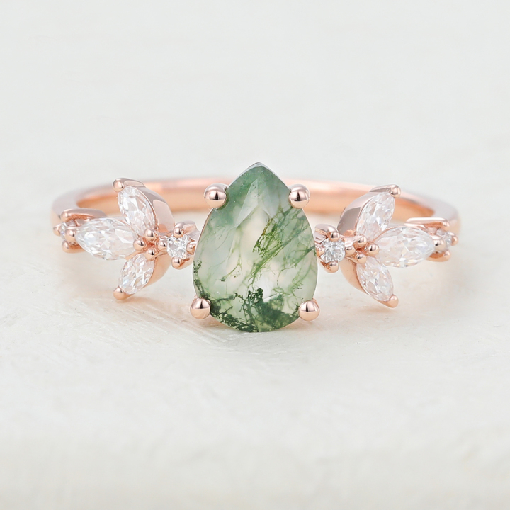 Unique Pear Shaped Moss Agate Ring Rose Gold