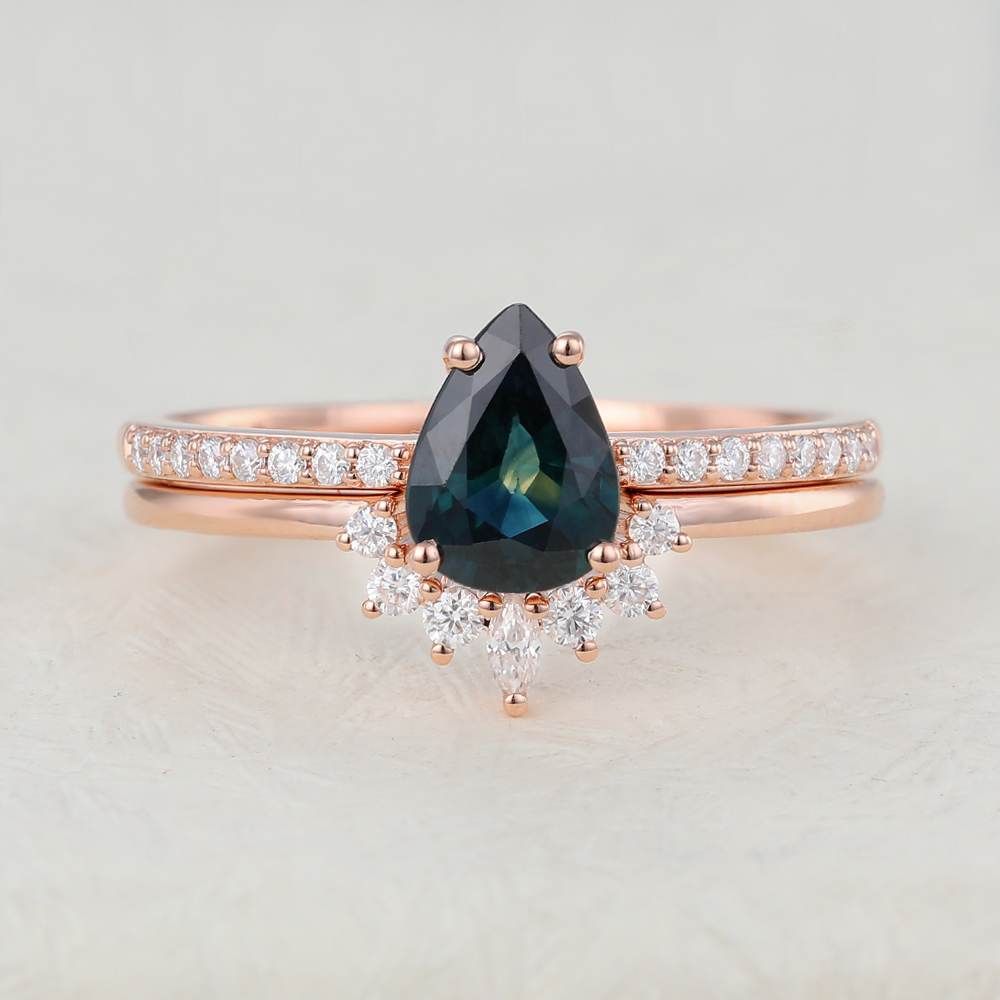 Juyoyo Pear shaped Blue green sapphire Rose gold engagement ring set