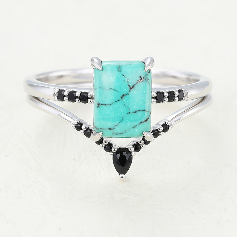 Juyoyo Emerald cut turquoise engagement ring set