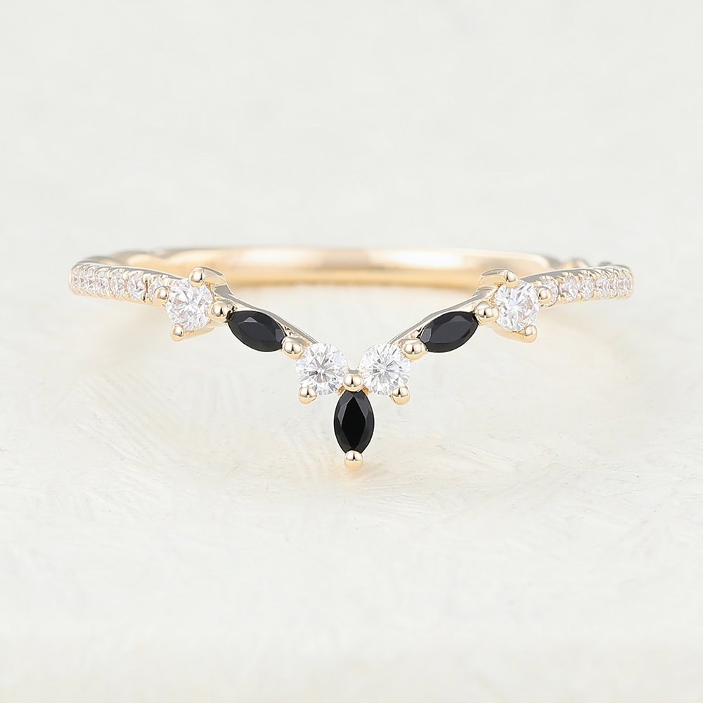 Juyoyo Black Onyx Rose Gold Moissanite Curved Stacking Wedding Ring