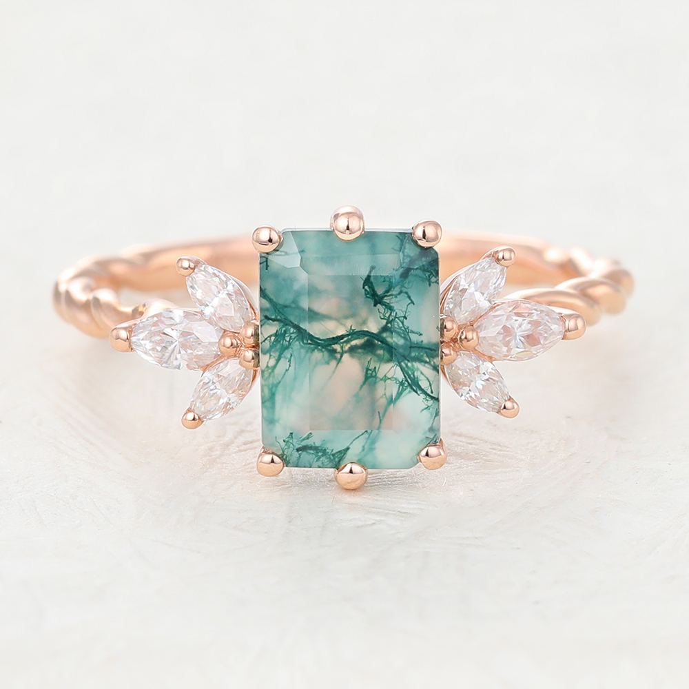 Juyoyo Emerald Cut Moss Agate Rose Gold Twisted Engagement Ring