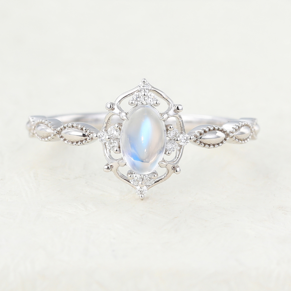 Juyoyo Art Deco Oval Blue Moonstone Vintage Engagement Ring with Diamond Accents