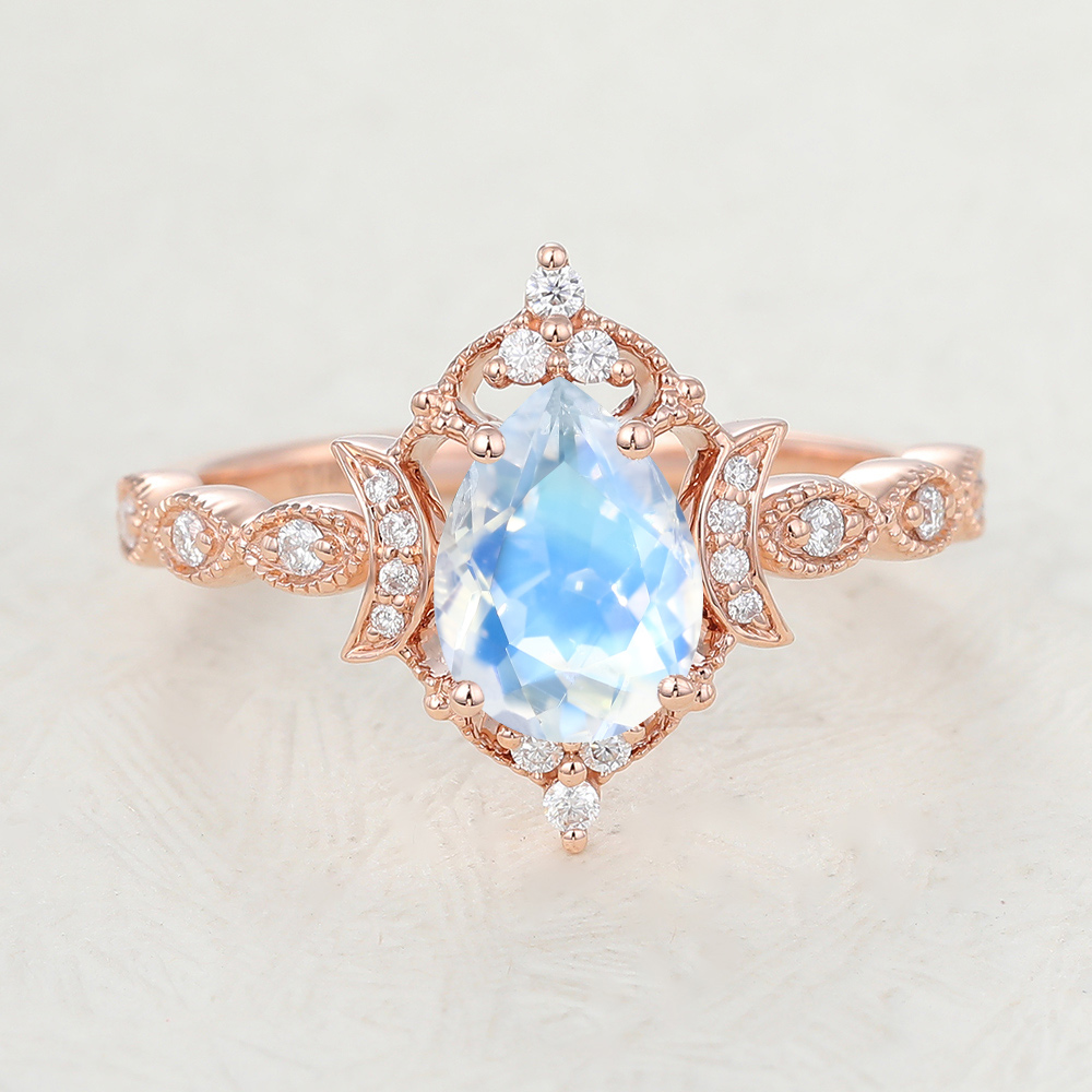 Art Deco Pear Moonstone Halo Engagement Promise Ring with Diamond Accents