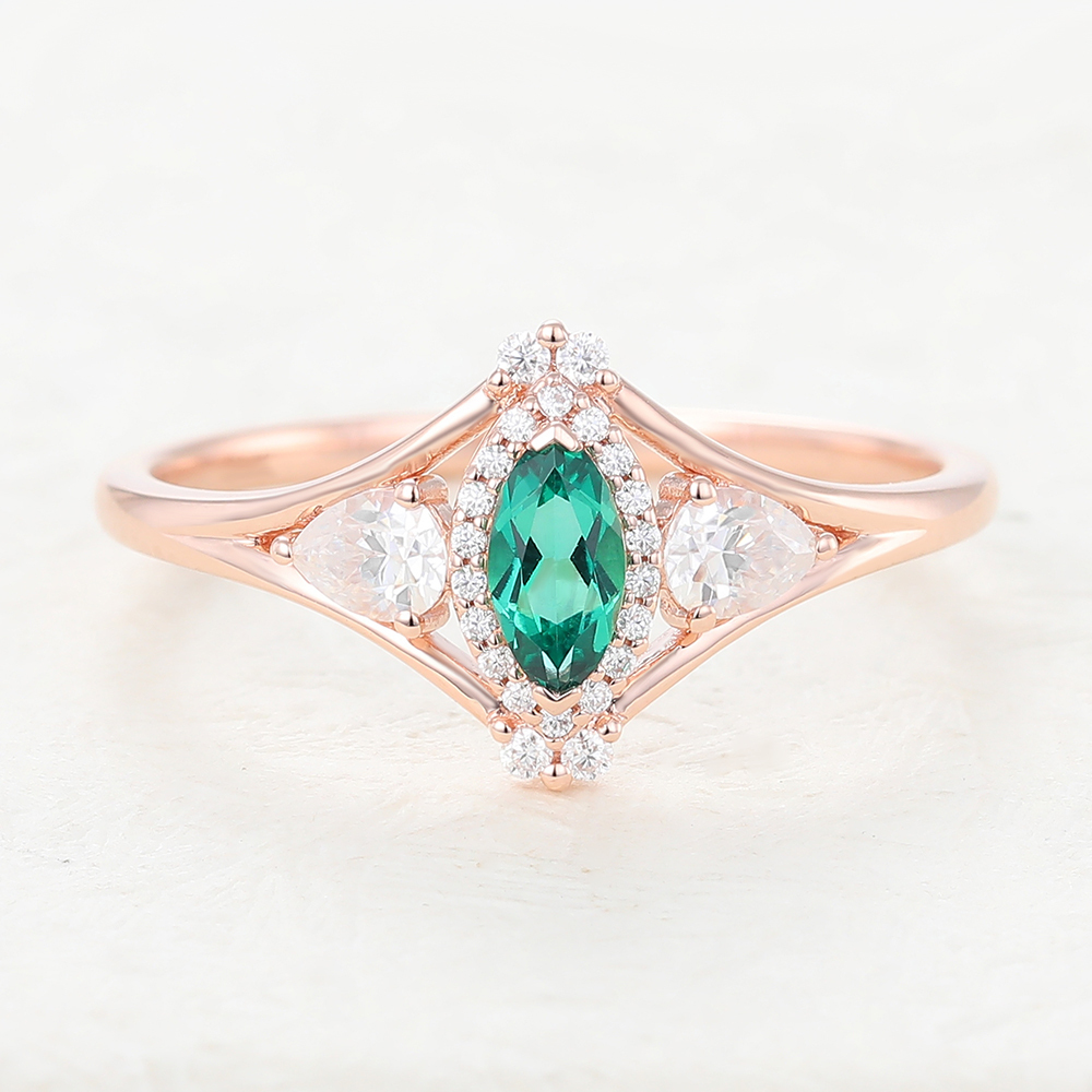 Juyoyo Marquise Lab Emerald Yellow Gold Engagement Ring