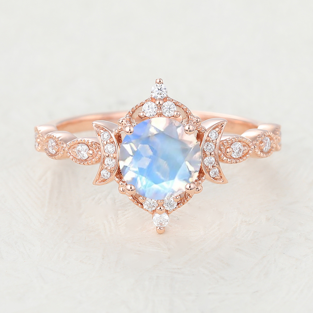 Juyoyo Unique Moonstone Rose Gold Halo Engagement Ring