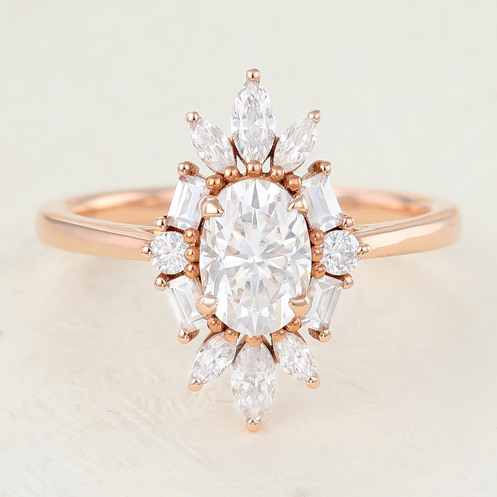Juyoyo Oval Unique Moissanite Rose Gold Halo Engagement Ring