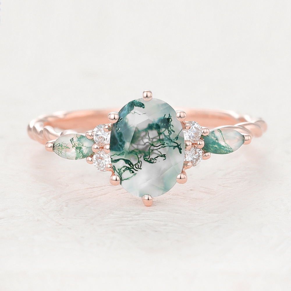 Juyoyo Unique Oval Cut Moss Agate Rose Gold Moss Agate Engagement Ring 