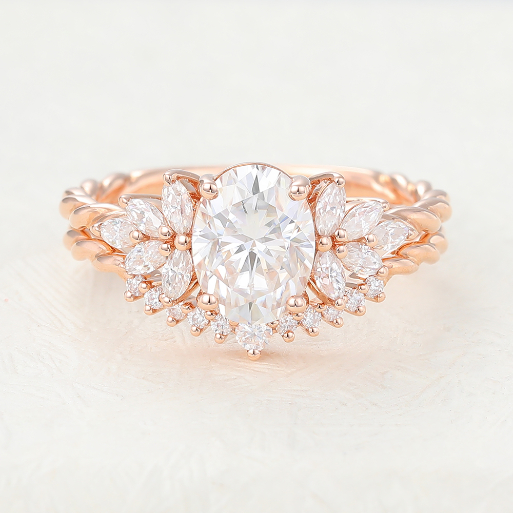 Juyoyo Oval Cut Morganite Rose Gold Cluster Engagement Ring Set
