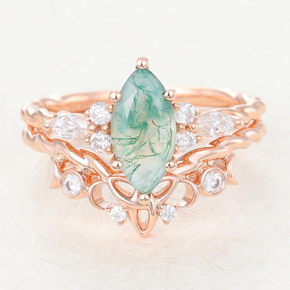 Juyoyo Marquise Cut Moss Agate Rose Gold Engagement Twisted Ring Set