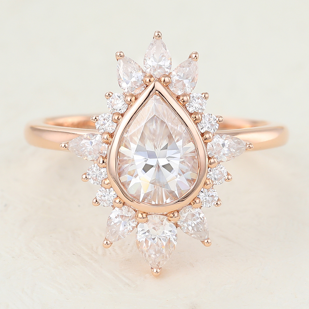 Juyoyo Pear shaped Moissanite Rose Gold Halo Engagement Ring