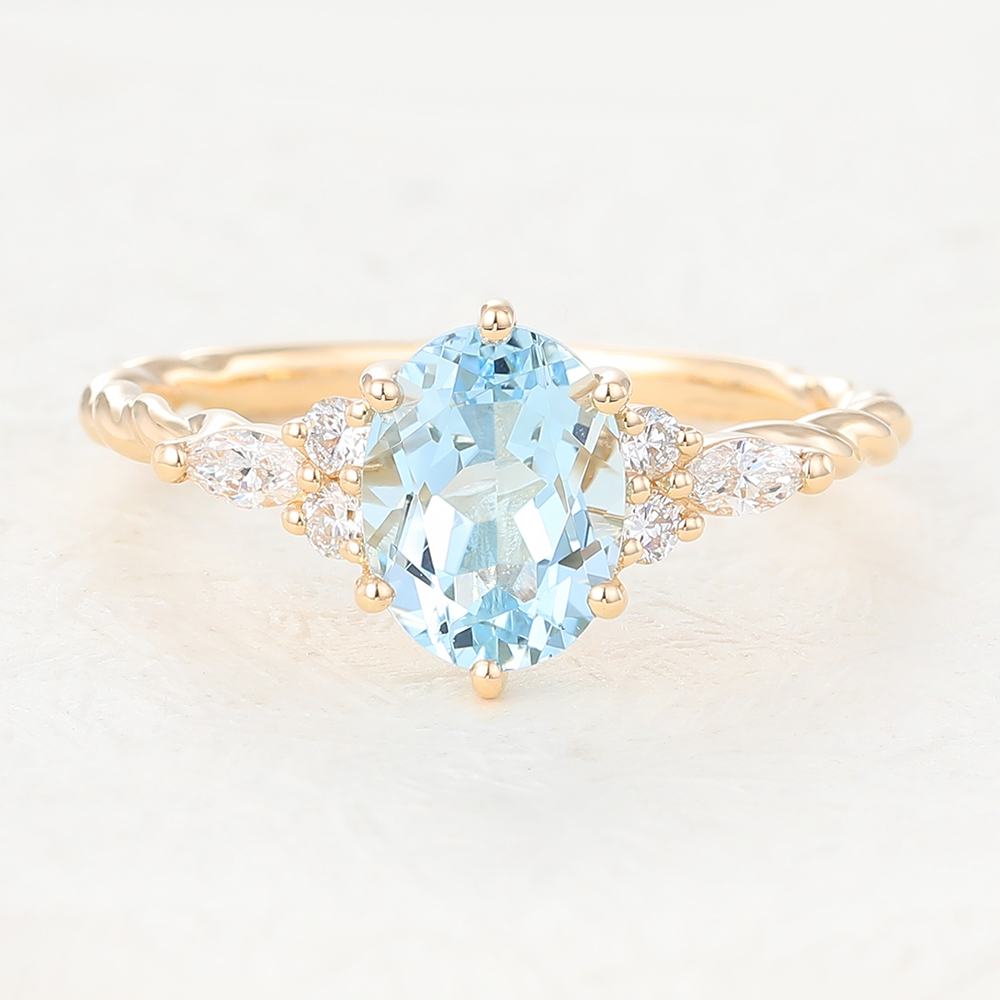 Juyoyo Twisted Oval Aquamarine Engagement Ring with Diamond Accent 