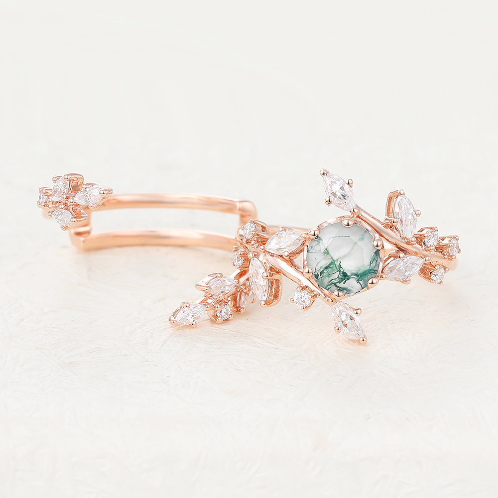 Juyoyo Unique Moss Agate Rose Gold Engagement Ring Set