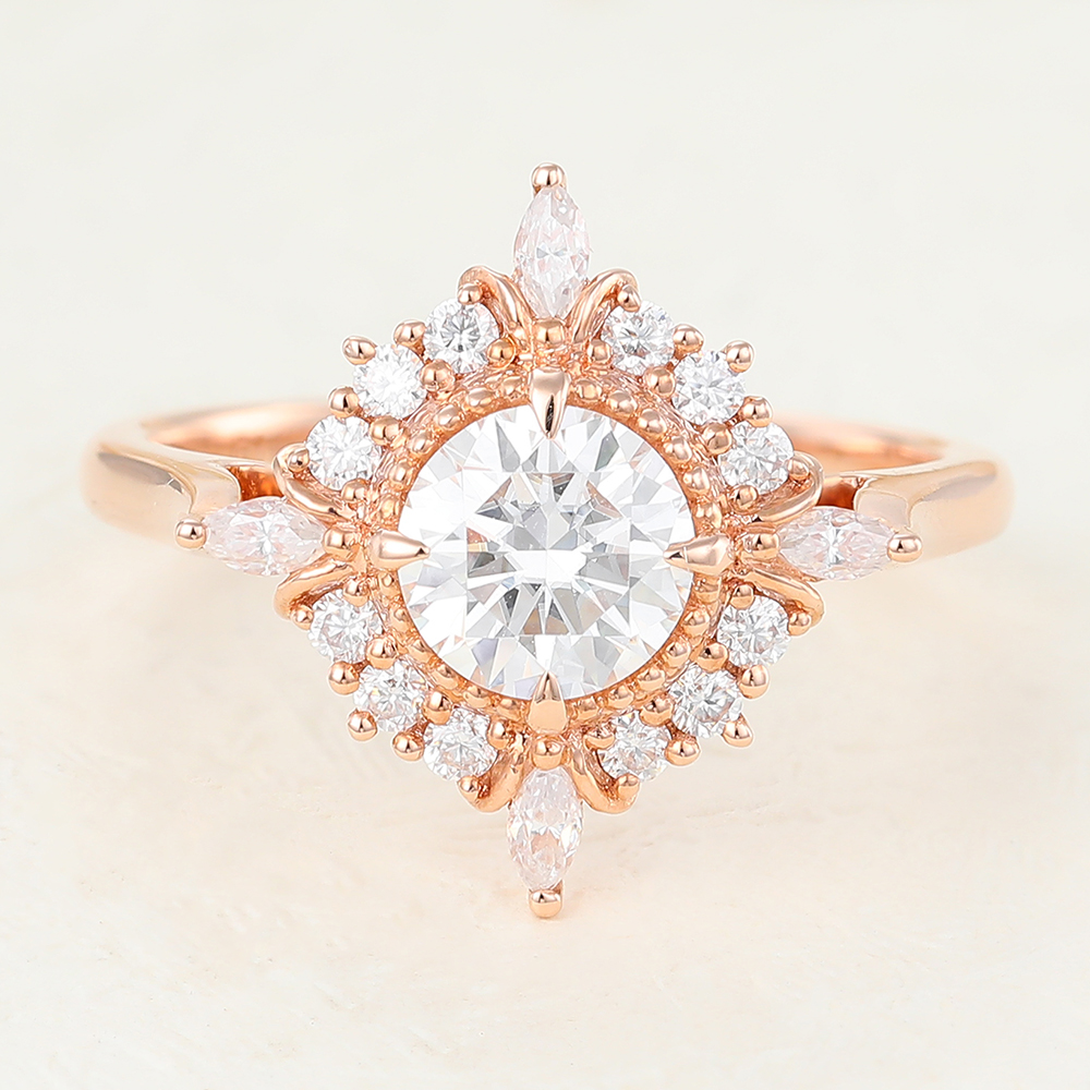 Juyoyo Unique Moissanite Rose Gold Halo Marquise Engagement Ring