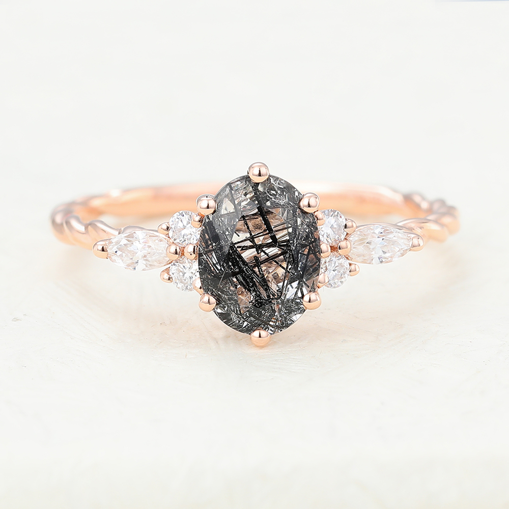 Juyoyo Oval Black Rutilated Quartz Rose gold engagement ring 