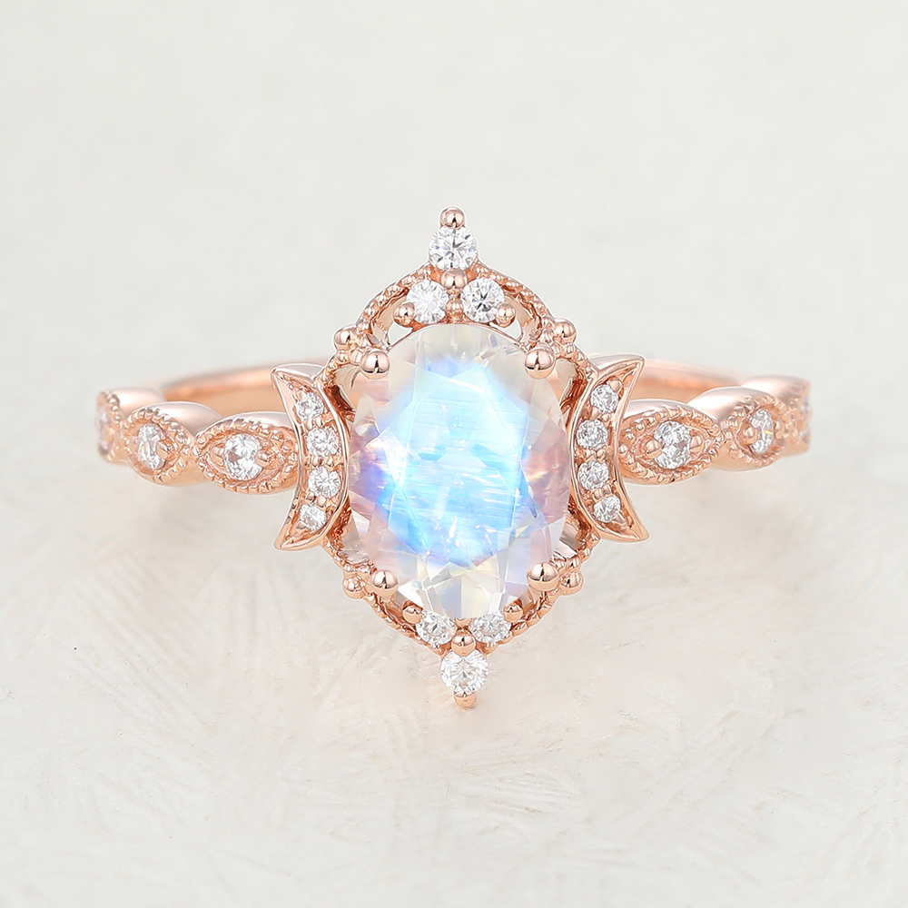 Art Deco Vintage Oval Moonstone Halo Engagement Ring with Diamond Accents