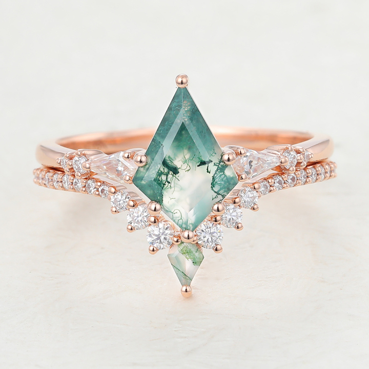 Kite Shaped Moss Agate and Diamonds Wedding Ring Set