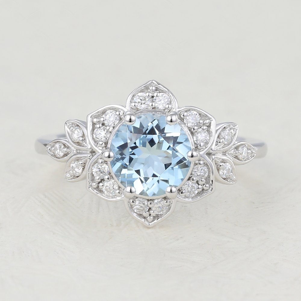 Juyoyo Unique Aquamarine Ring Nature Inspiration Flower Engagement Ring