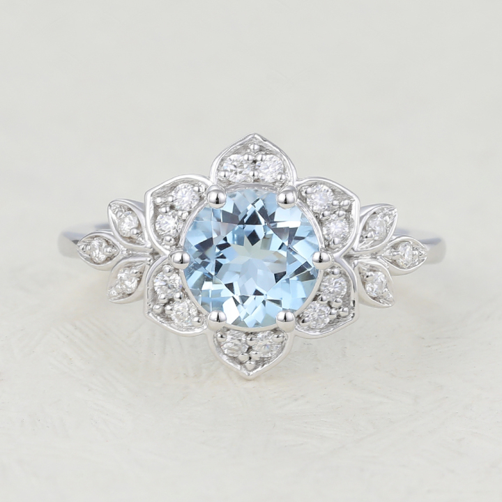 Unique Aquamarine Ring Nature Inspiration Flower Engagement Ring