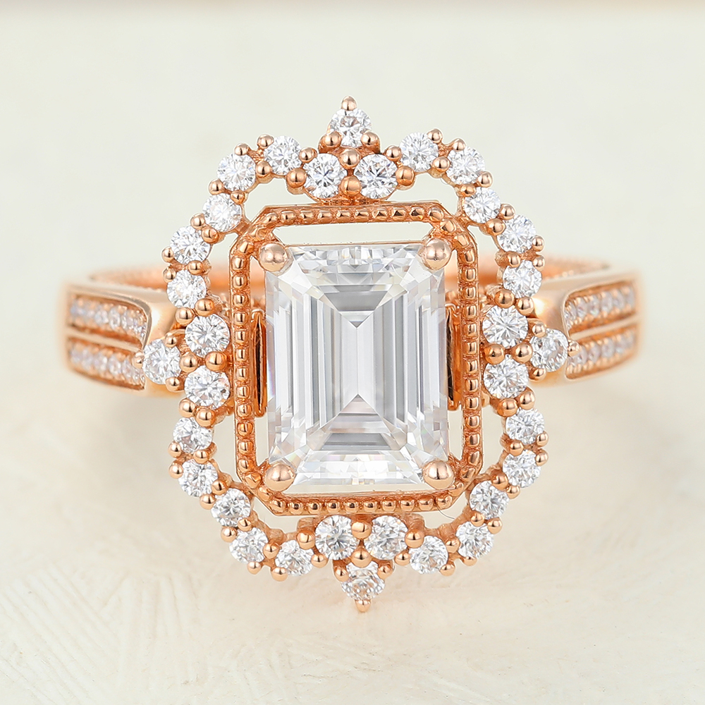 Juyoyo Emerald cut Moissanite Rose gold Halo Engagement Ring