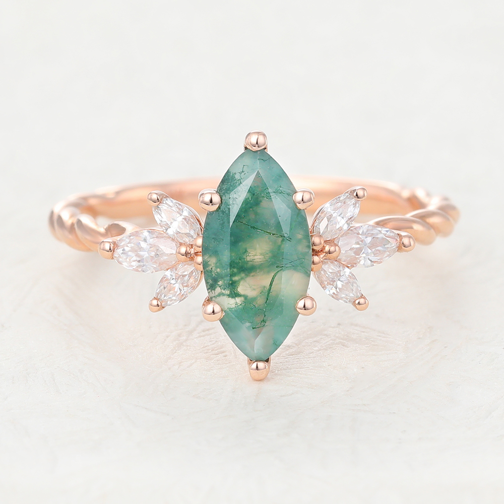 Juyoyo Marquise Cut Moss Agate Rose Gold Twisted Engagement Ring