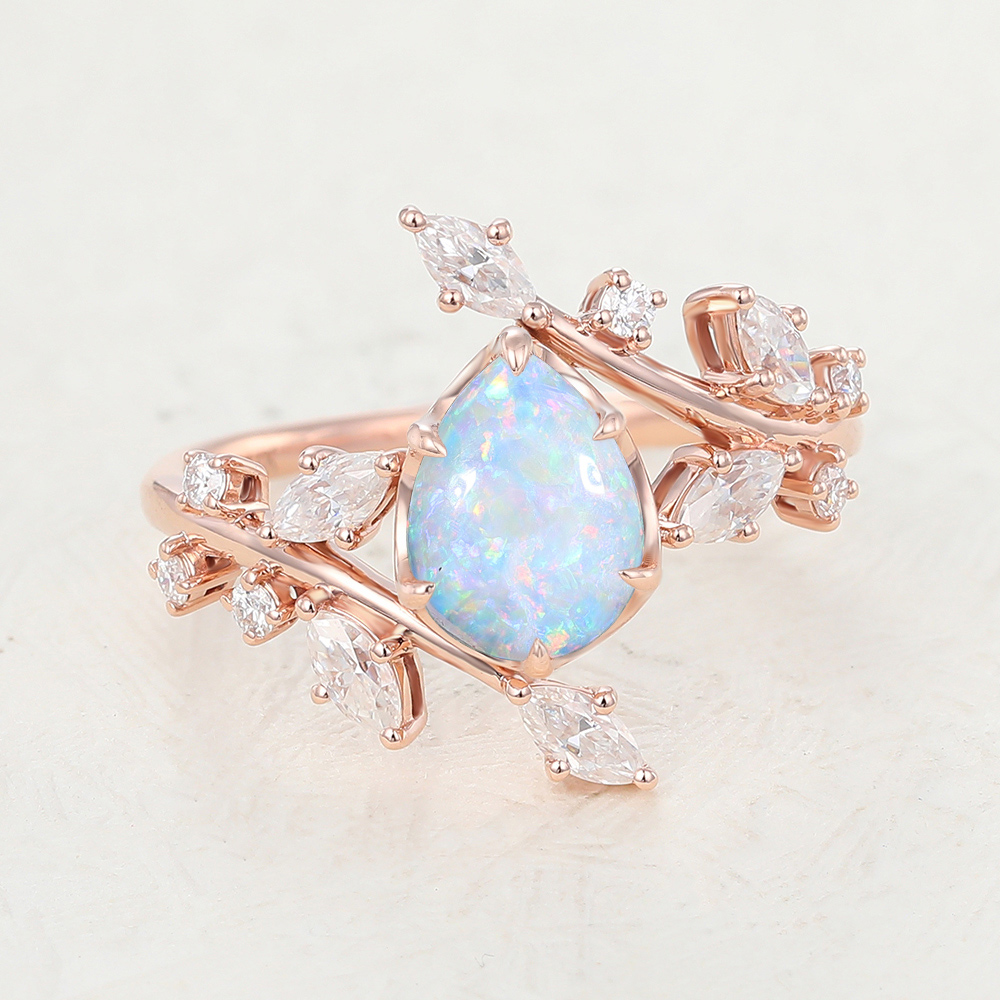 Juyoyo Pear Shaped Opal Vintage Rose Gold Engagement Ring Set