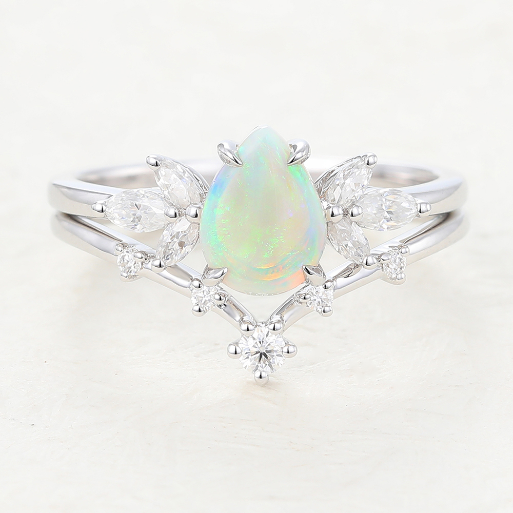 Juyoyo Pear Shaped Opal White Gold Engagement Ring Set