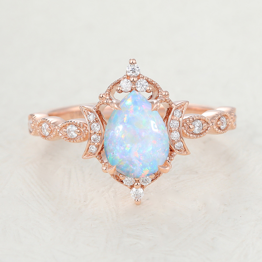 Juyoyo Pear Shaped Rose Gold Halo  Opal Engagement Ring