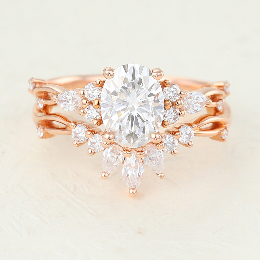 Juyoyo Rose Gold Oval Moissanite Vintage Twig Engagement Ring set