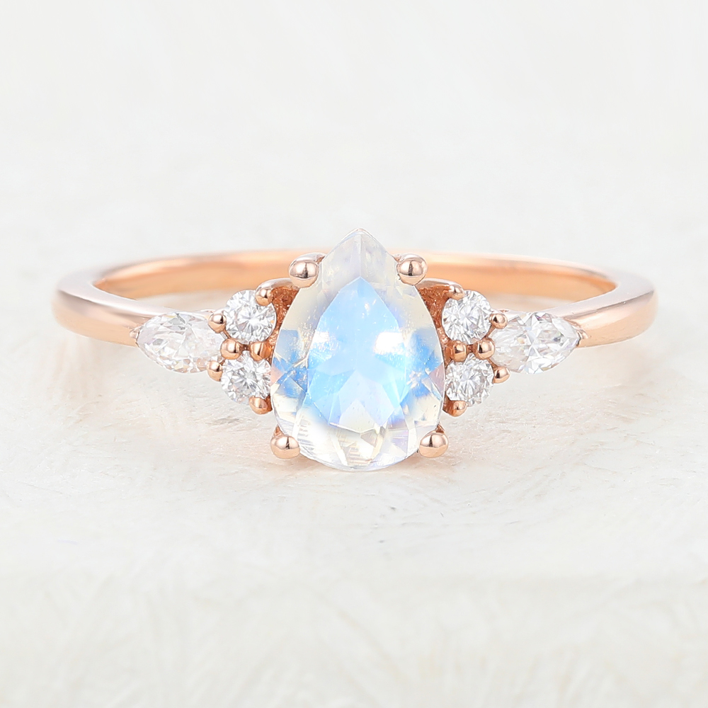 Juyoyo Pear Shaped Moonstone Engagement Ring with Diamond Accents for Female