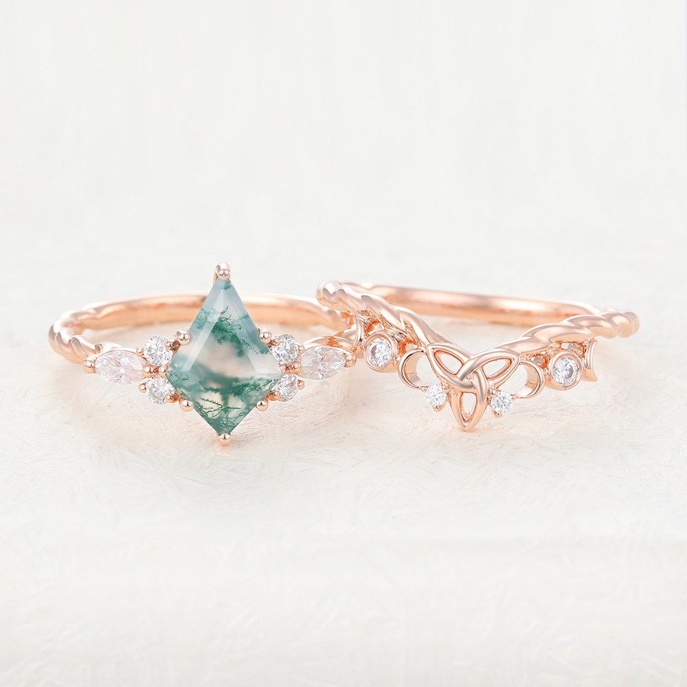 Kite Cut Moss Agate Ring Twisted Unique Engagement Ring Set in Rose Gold