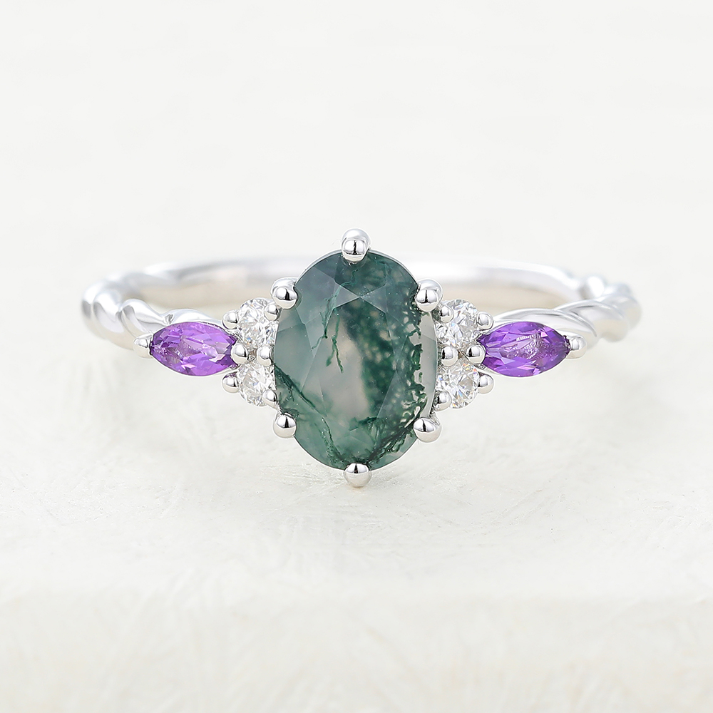 Juyoyo Oval Cut Moss Agate White Gold Twisted Engagement Ring