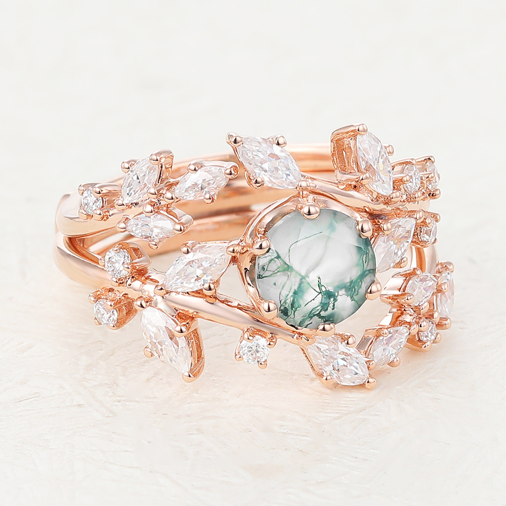 Juyoyo Unique Moss Agate Rose Gold Engagement Ring Set