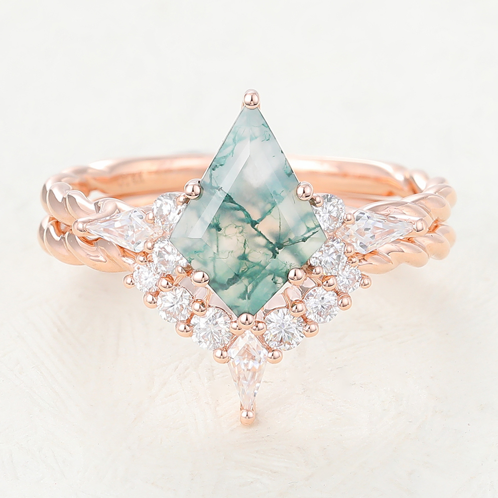 Kite Shaped Moss Agate Twisted Engagement Ring with Match Curved Wedding Band in Rose Gold