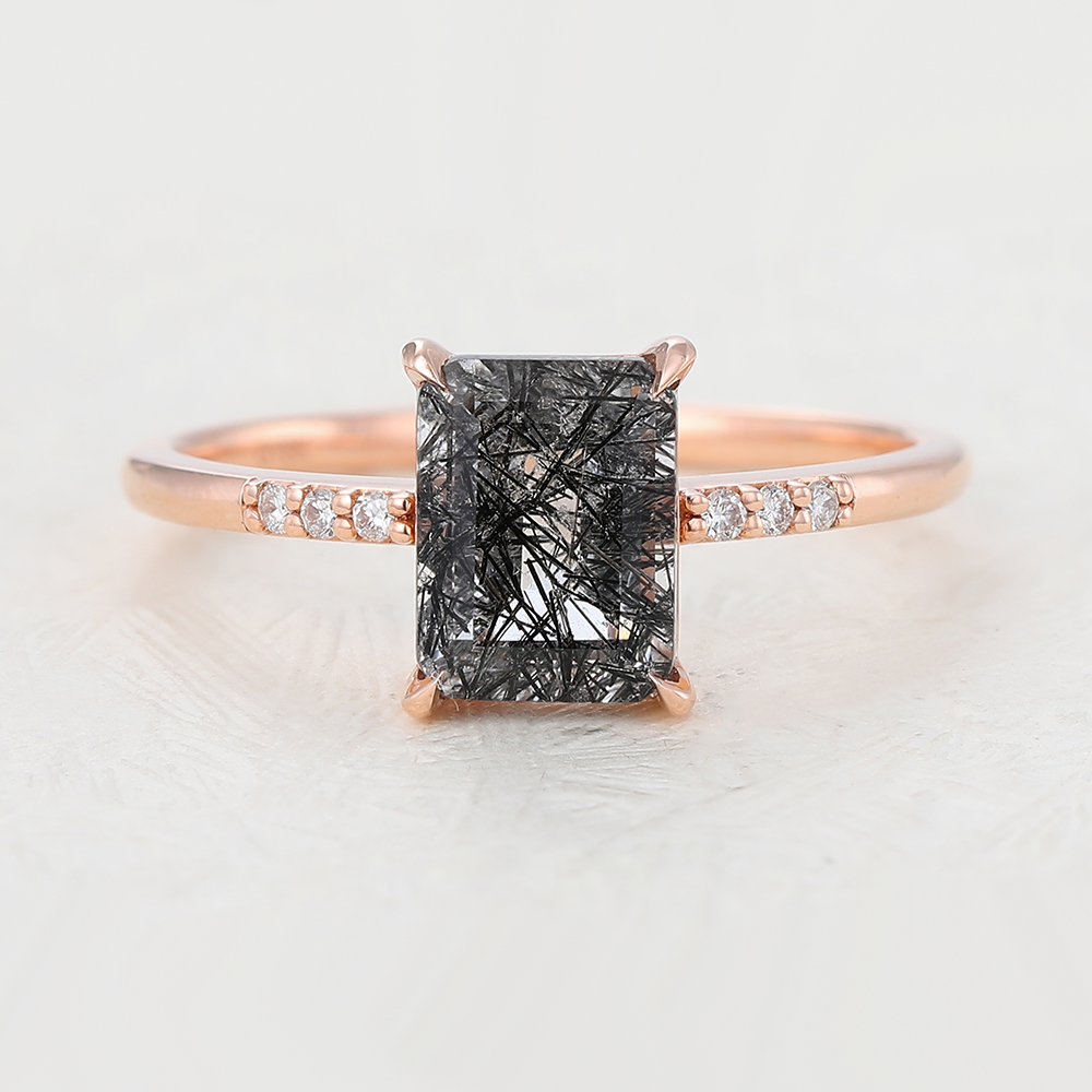 Juyoyo Emerald Cut Black Rutilated Quartz Rose Gold Pavé Engagement Ring
