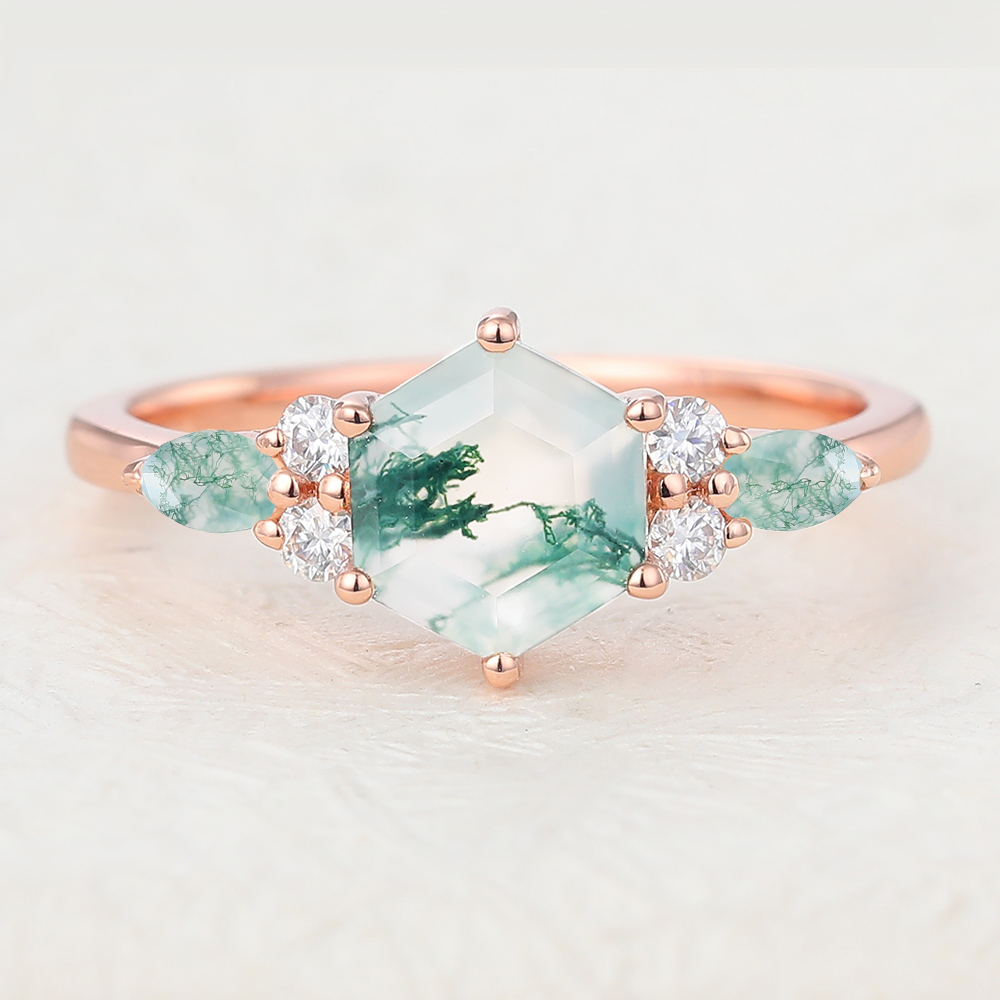 Juyoyo Unique Hexagon Cut Moss Agate Rose Gold Engagement Ring 