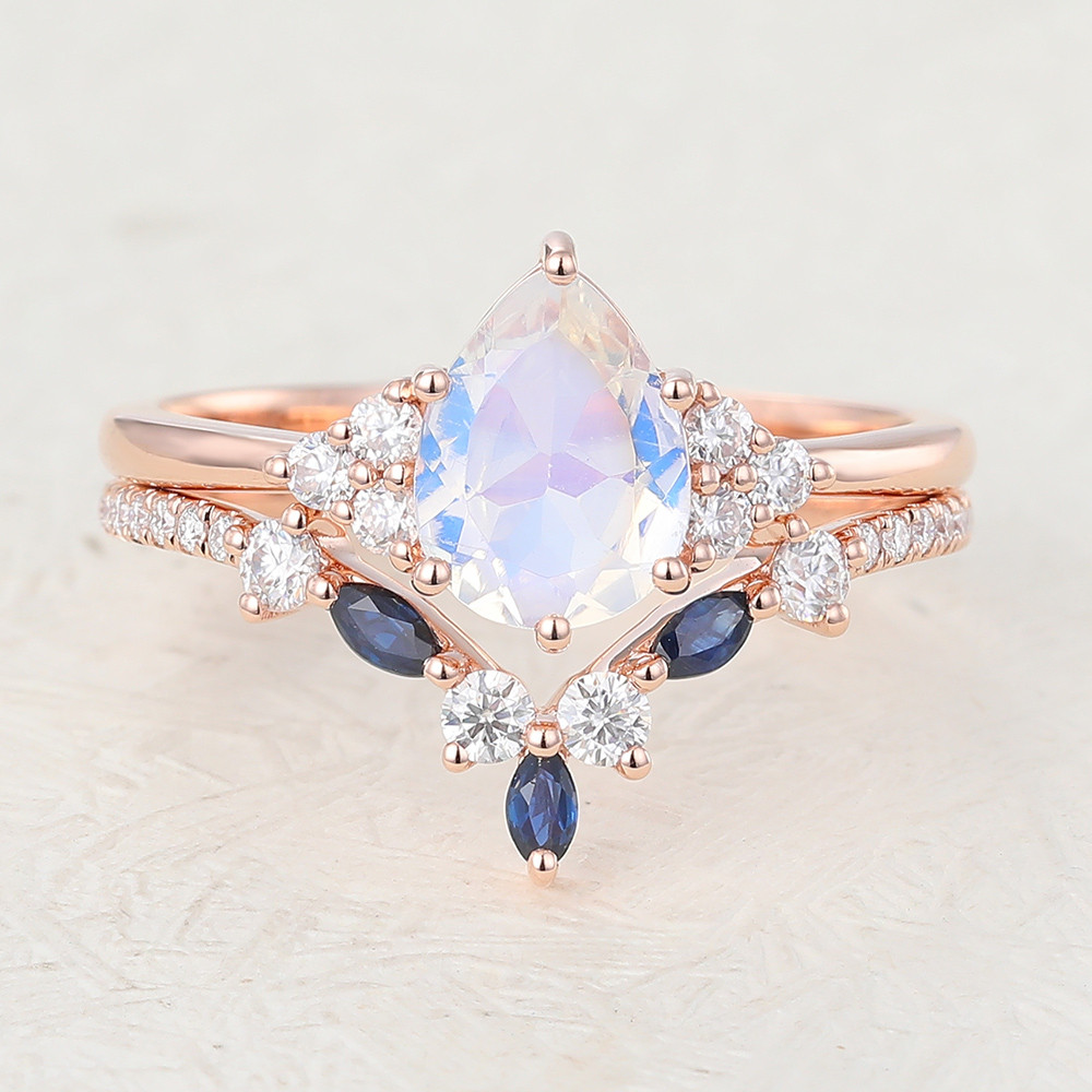 Pear Moonstone and Diamond Promise Ring with Curved Diamond and Alexandrite Band
