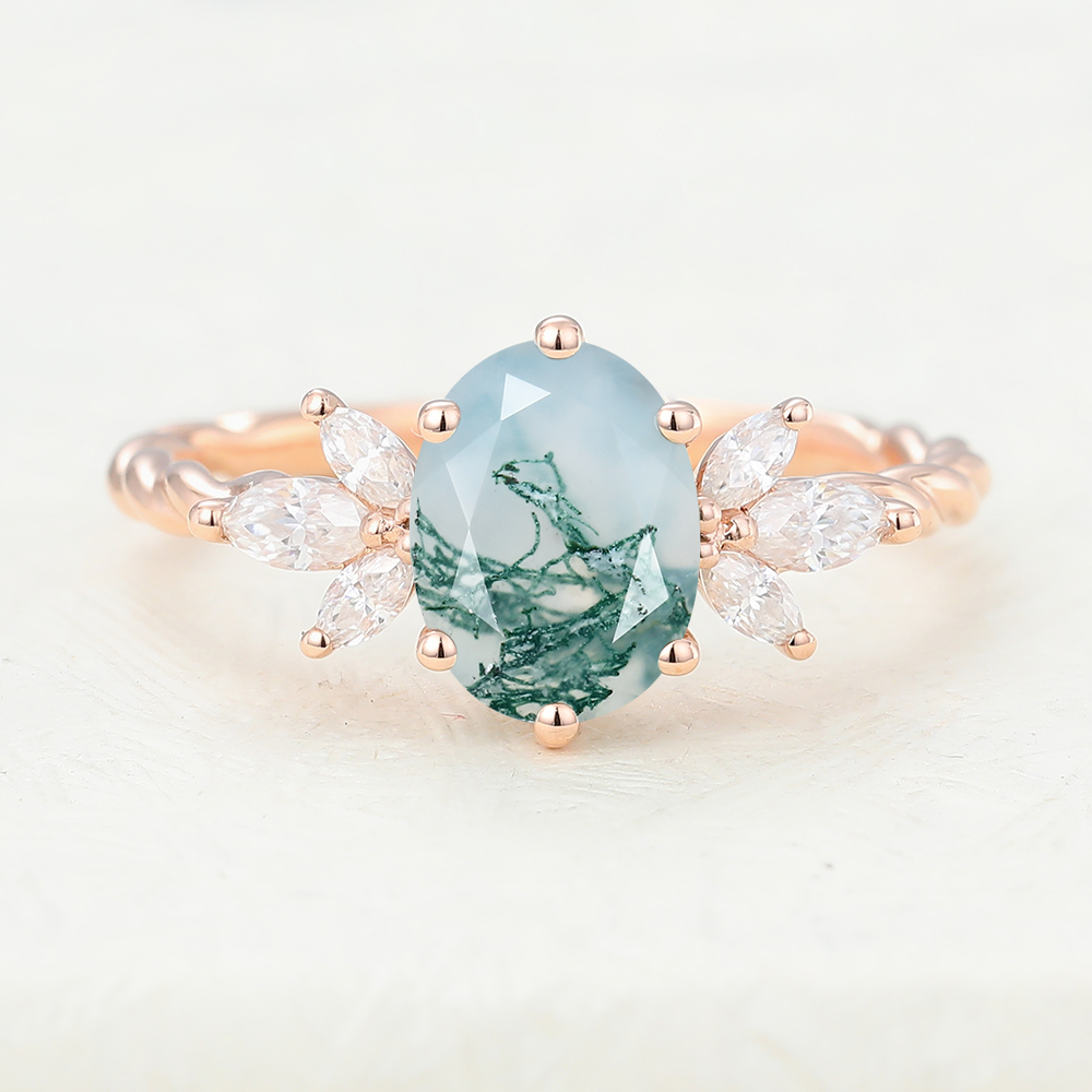 Juyoyo Oval Moss Agate Rose gold engagement ring