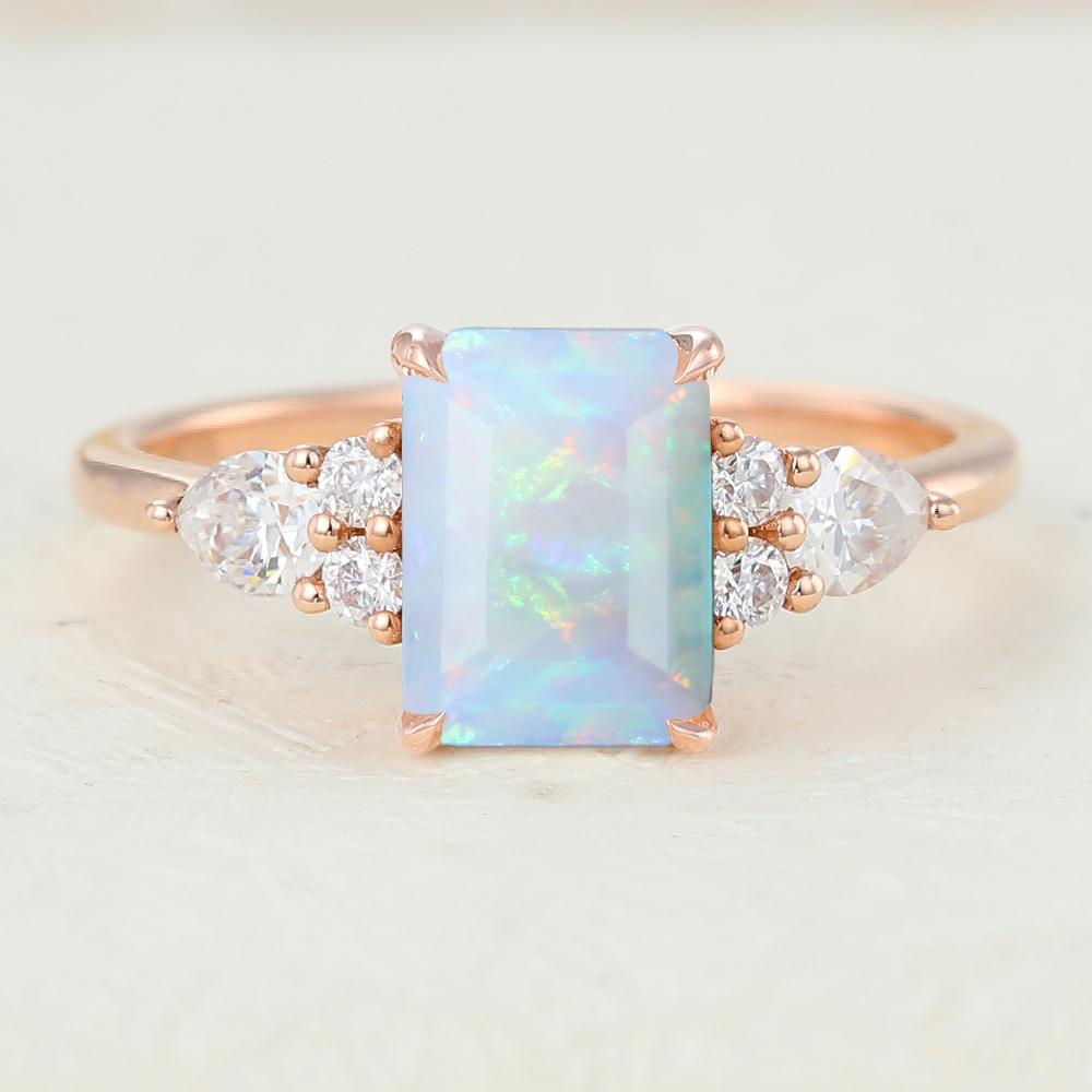 Juyoyo Emerald Cut Opal Rose Gold Diamond Engagement Ring