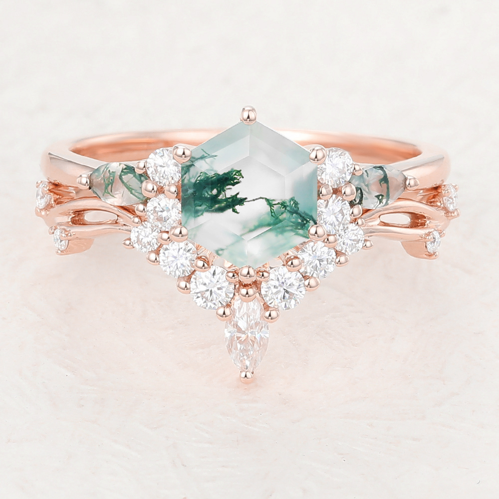 Juyoyo Hexagon Cut Moss Agate Rose Gold Vintage Engagement Ring Set