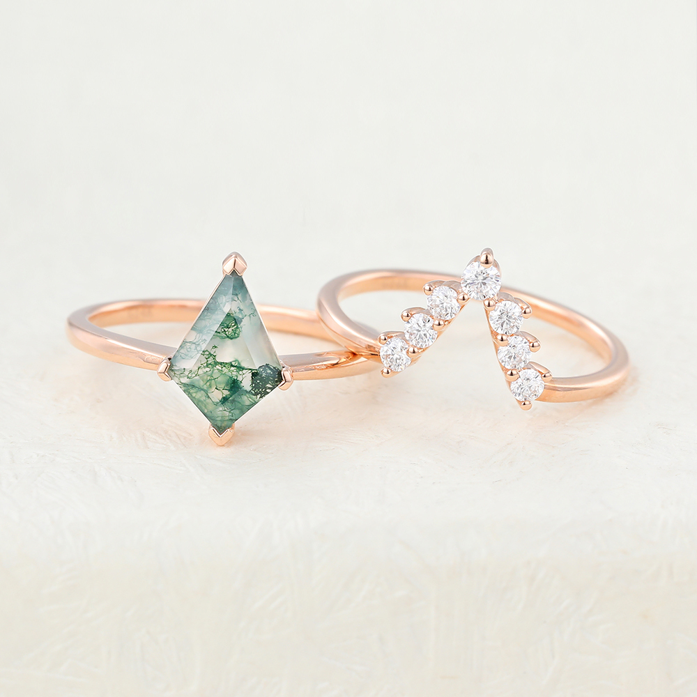Juyoyo Kite Shaped Moss Agate Rose Gold Engagement Ring Set